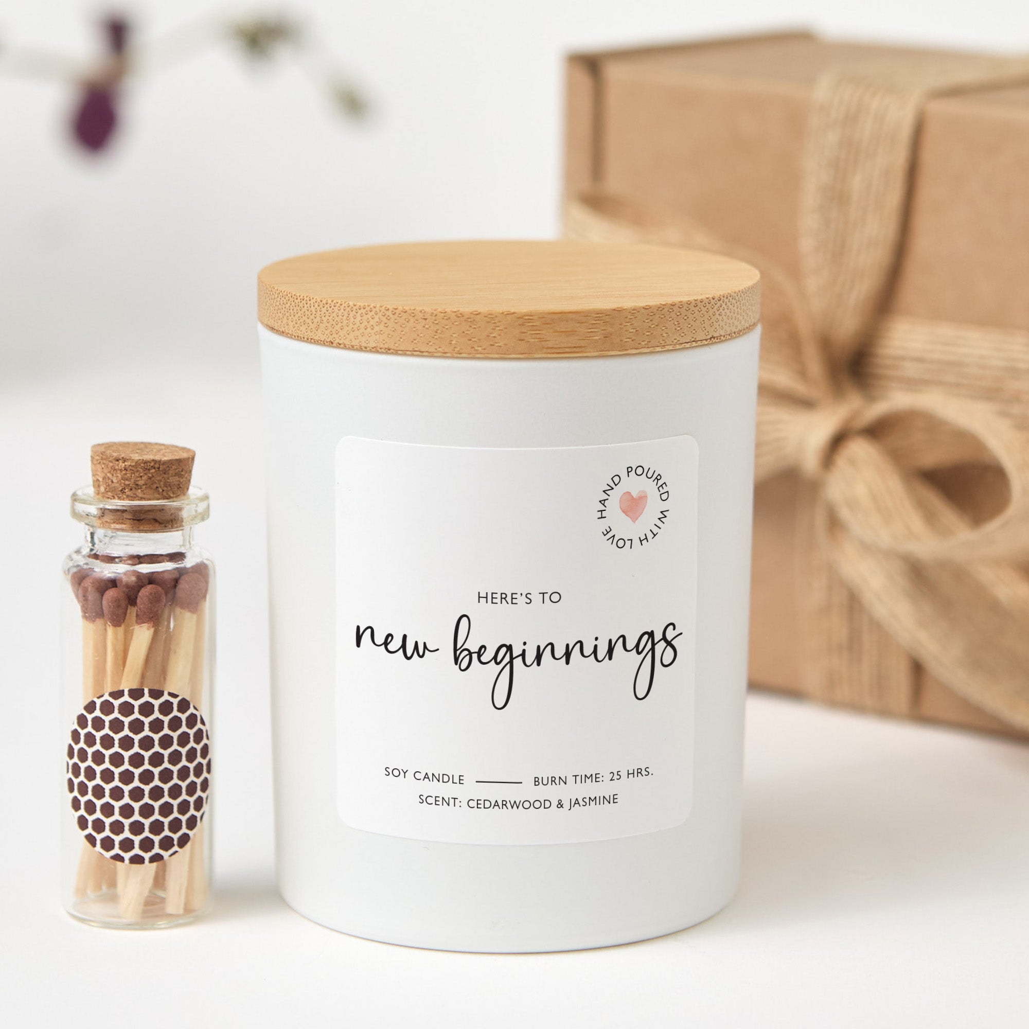 New Beginnings Candle Gift Box | Congratulations Gift for New Job or Graduation | Soy Wax Candle with Ribbon Matches | Inspirational Gift
