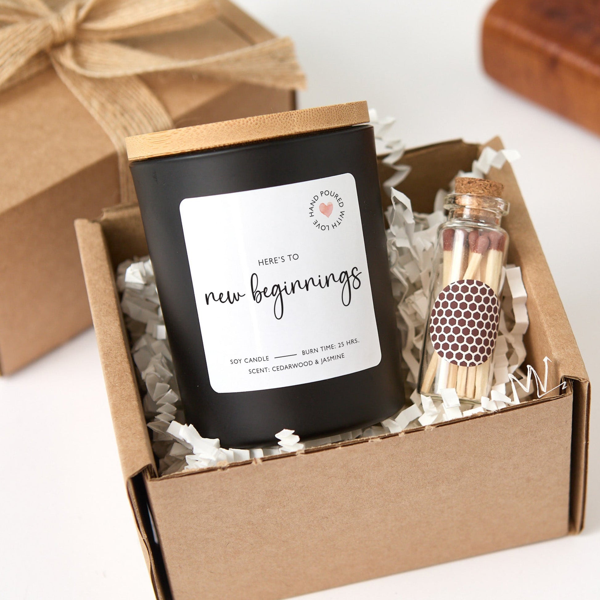 New Beginnings Candle Gift Box | Congratulations Gift for New Job or Graduation | Soy Wax Candle with Ribbon Matches | Inspirational Gift