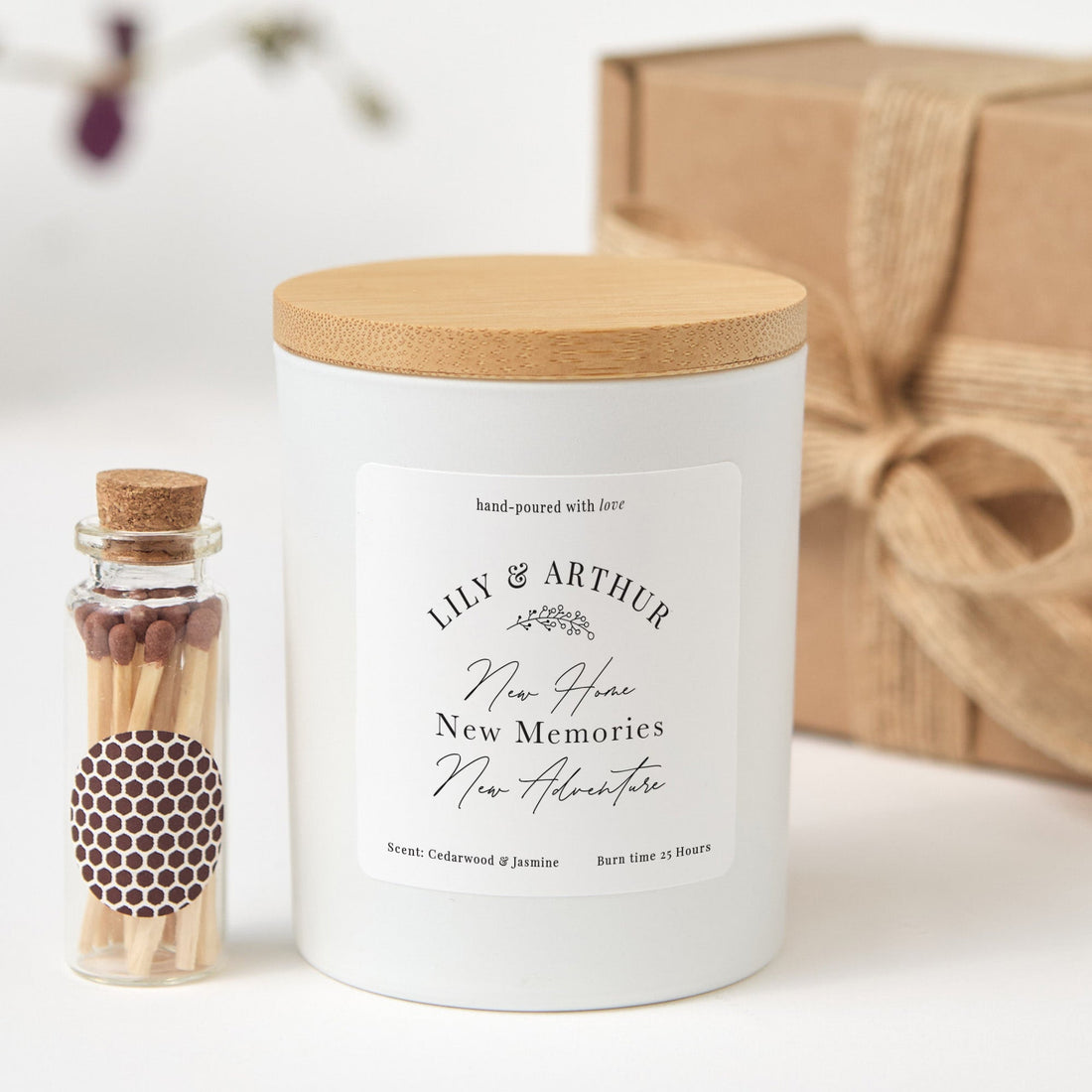 New Home Candle Gift Box | Personalized Housewarming Gift | Custom Soy Wax Candle with Ribbon Matches | Moving Gift