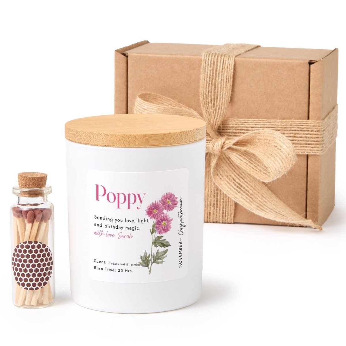 November Birth Flower Personalized Soy Candle Gift for Her Birthday Chrysanthemum Floral Present, Comes with Matches Free Gift Wrap