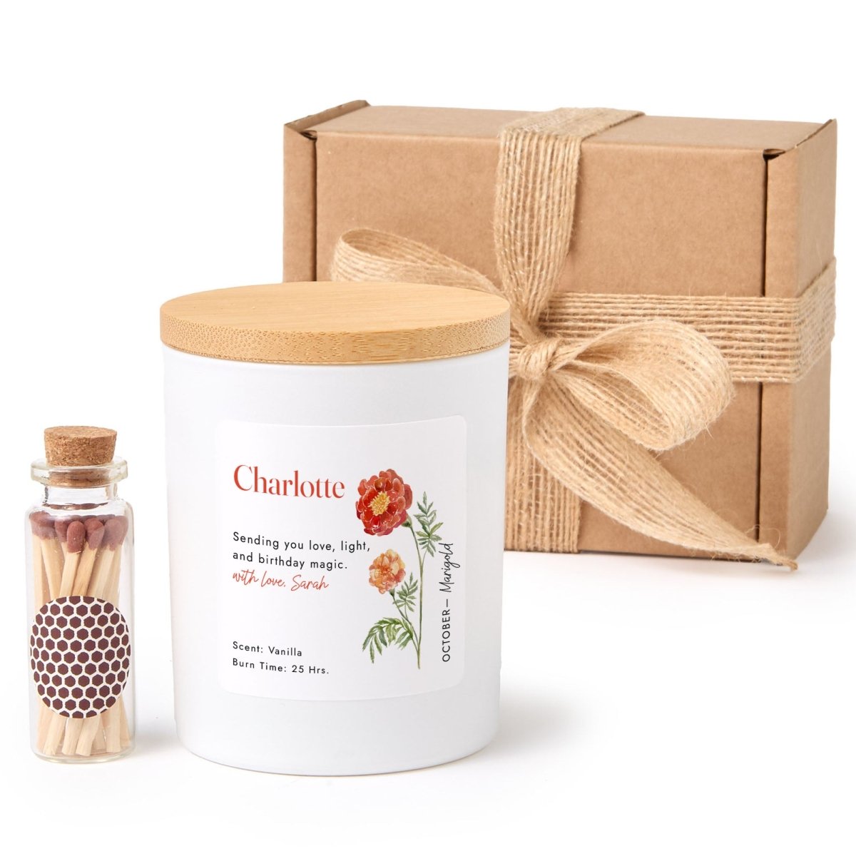 October Birth Flower Personalized Soy Candle Gift for Her Birthday Marigold Floral Present, Comes with Matches Free Gift Wrap