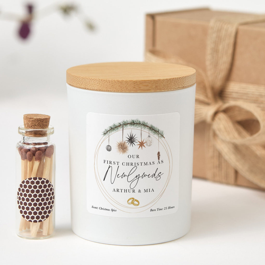 Our First Christmas Married Candle Gift Box | Newlywed Holiday Candle with Matches | Personalized Christmas Gift for Couple