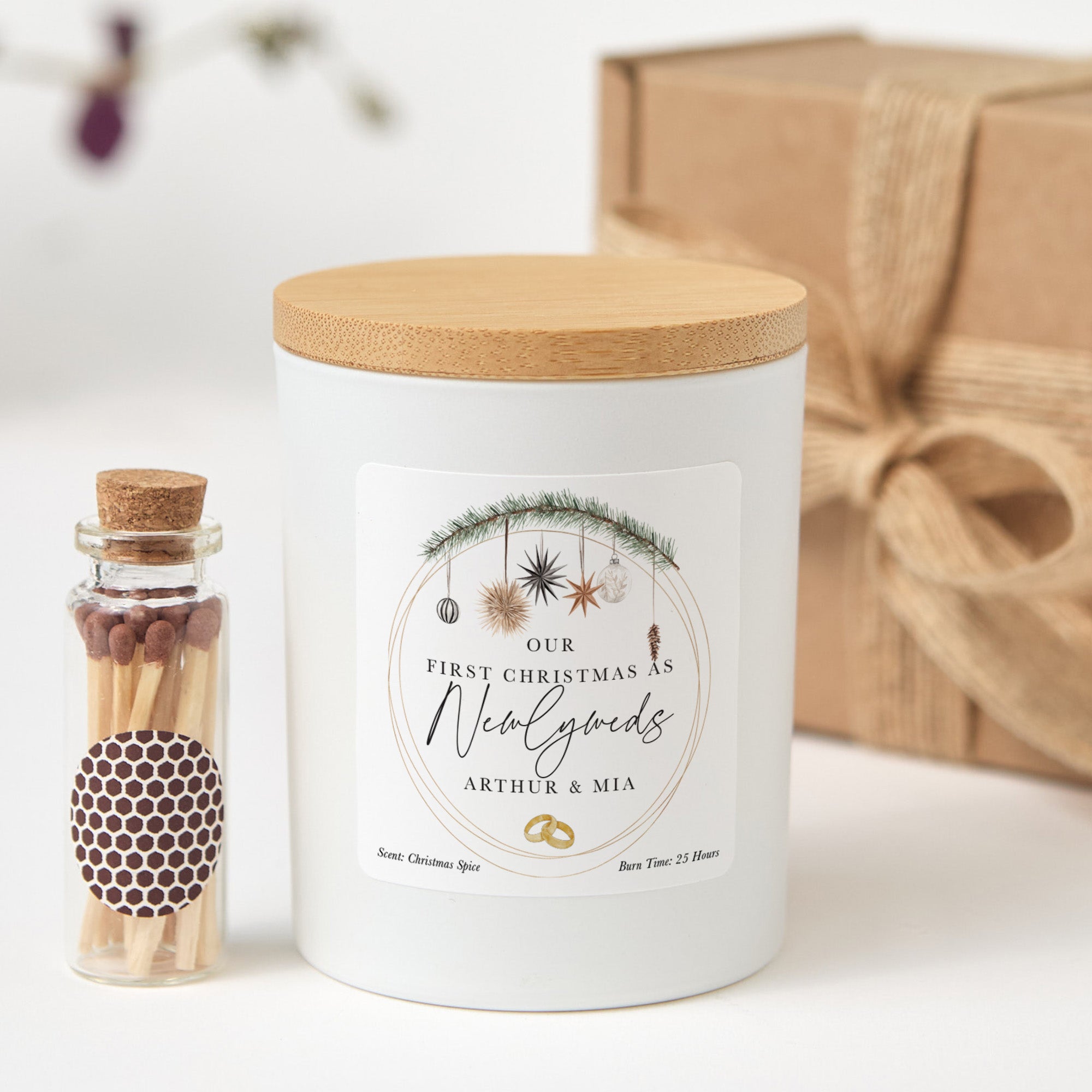 Our First Christmas Married Candle Gift Box | Newlywed Holiday Candle with Matches | Personalized Christmas Gift for Couple