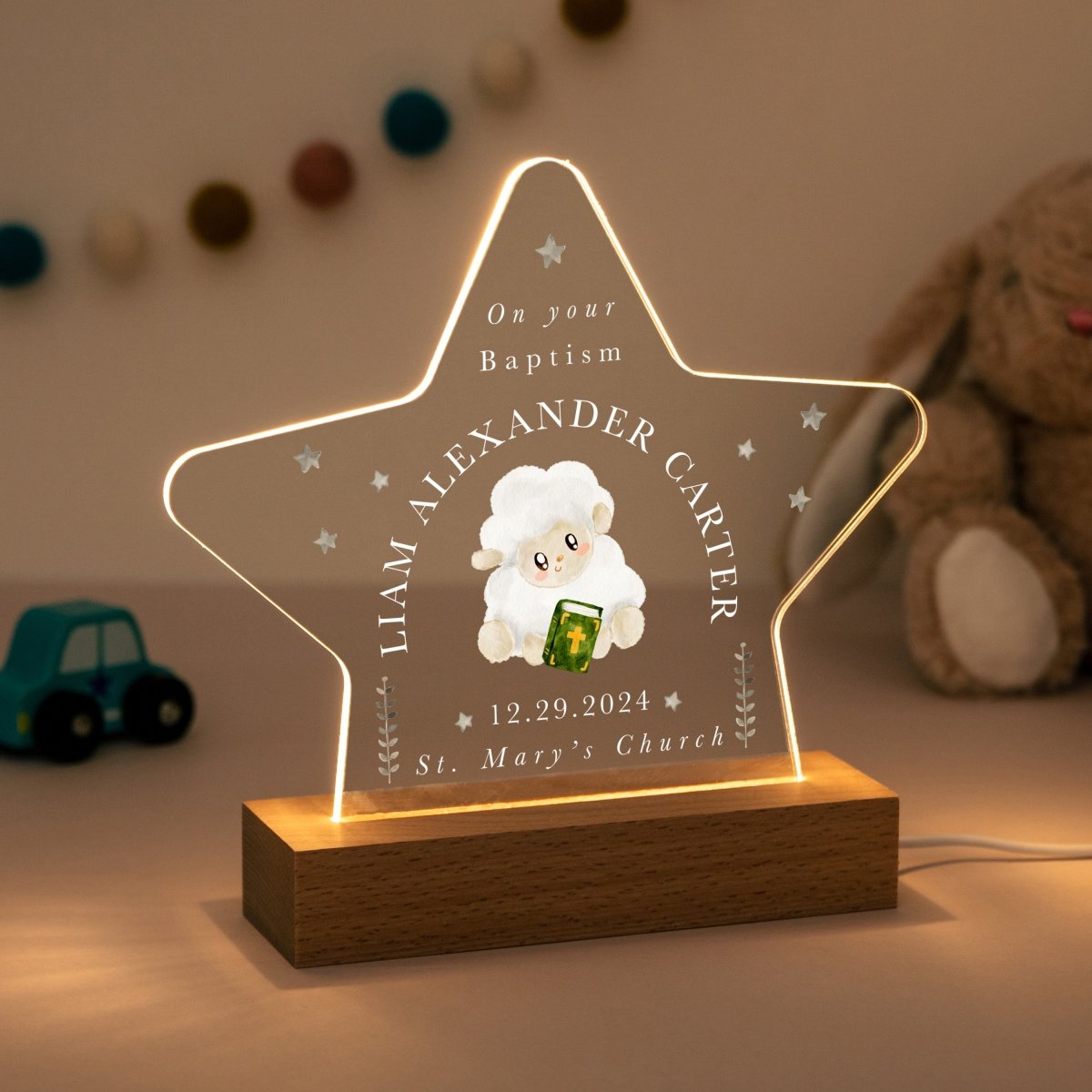 Personalised Baptism Star LED Night Light, Custom Name Christening Gift, Lamb Religious Night Light for Baby