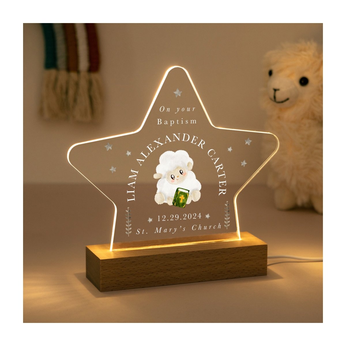 Personalised Baptism Star LED Night Light, Custom Name Christening Gift, Lamb Religious Night Light for Baby