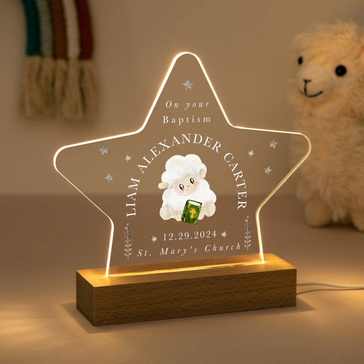 Personalised Baptism Star LED Night Light, Custom Name Christening Gift, Lamb Religious Night Light for Baby