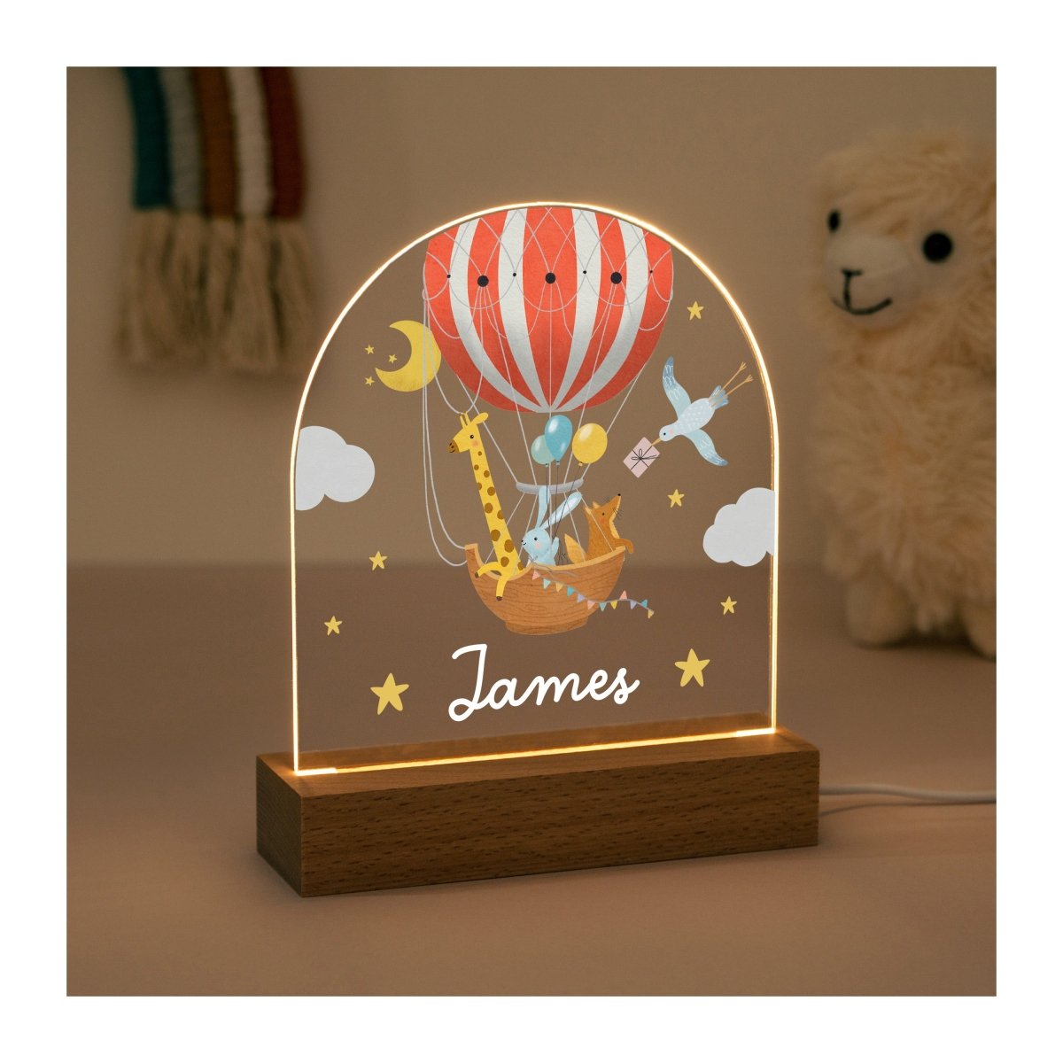 Personalised Hot Air Balloon LED Night Light, Custom Name Nursery Lamp, Animal Balloon for Baby Boy