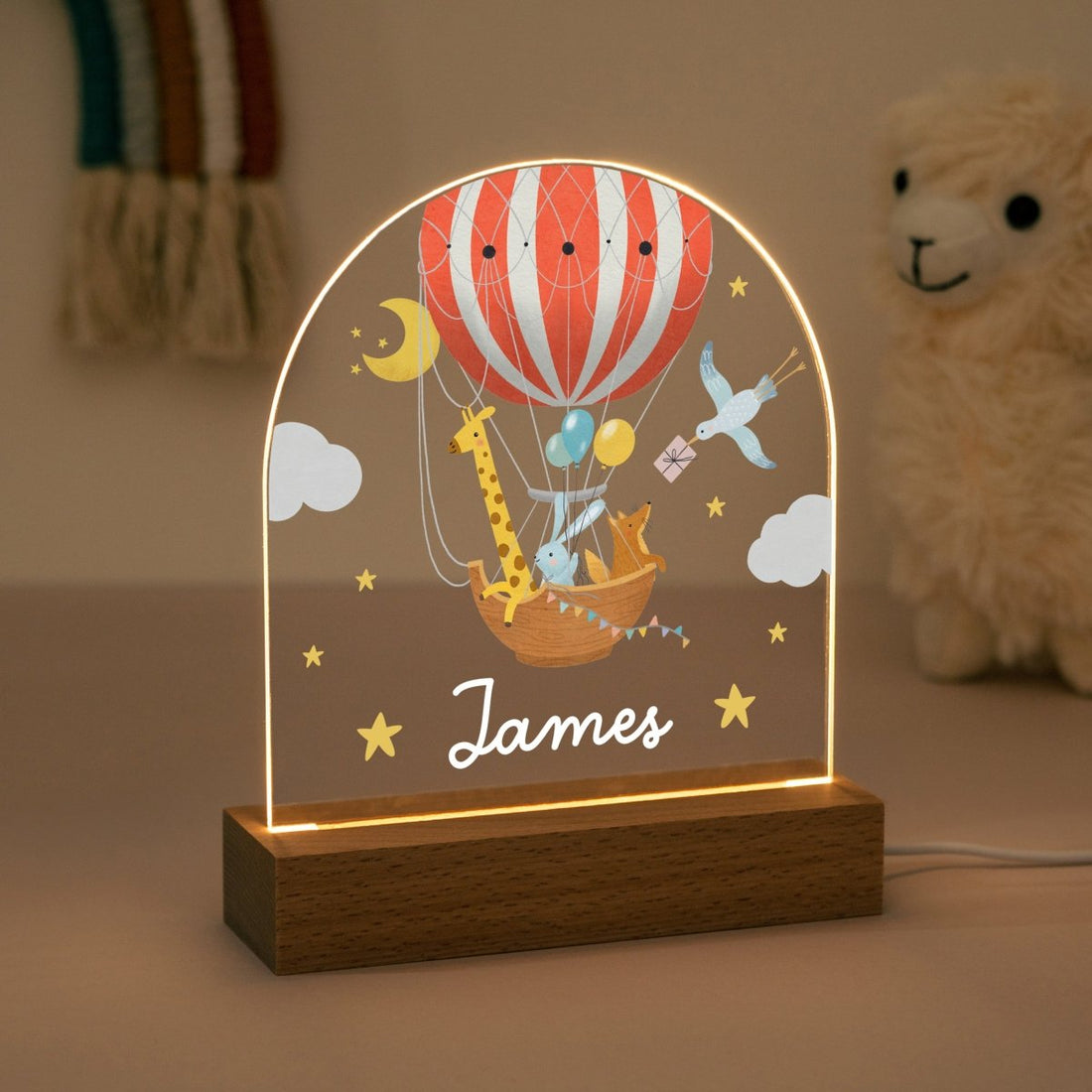Personalised Hot Air Balloon LED Night Light, Custom Name Nursery Lamp, Animal Balloon for Baby Boy
