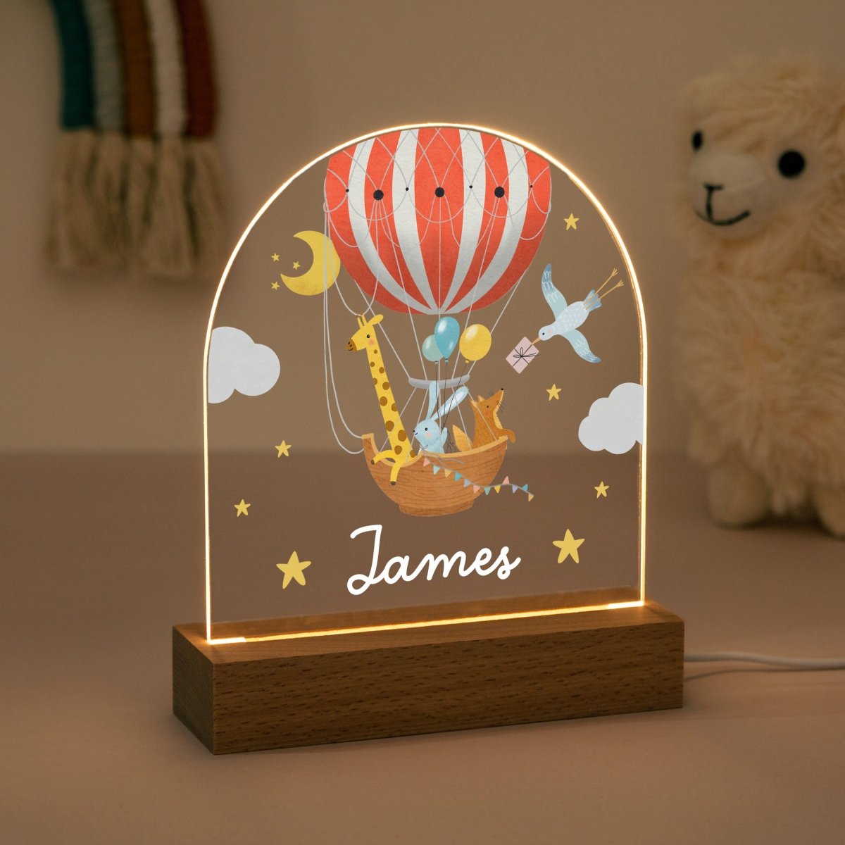 Personalised Hot Air Balloon LED Night Light, Custom Name Nursery Lamp, Animal Balloon for Baby Boy