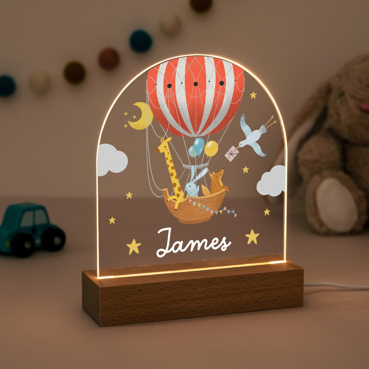 Personalised Hot Air Balloon LED Night Light, Custom Name Nursery Lamp, Animal Balloon for Baby Boy