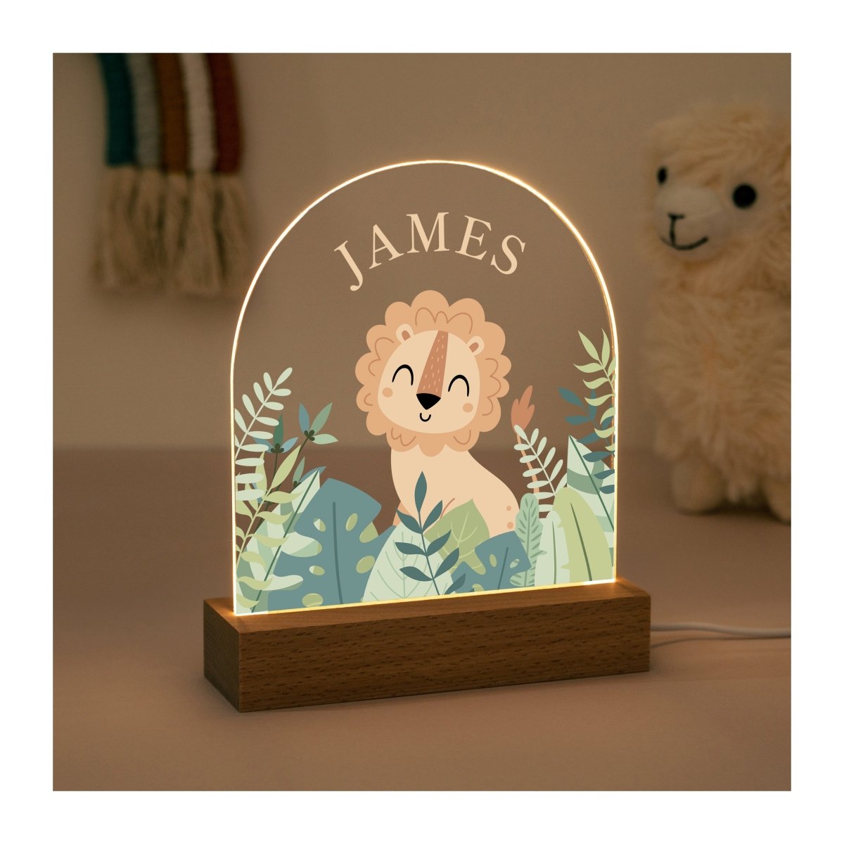 Personalised Lion LED Night Light for Baby Boy, Custom Name Nursery Lamp, Jungle Animal Night Light