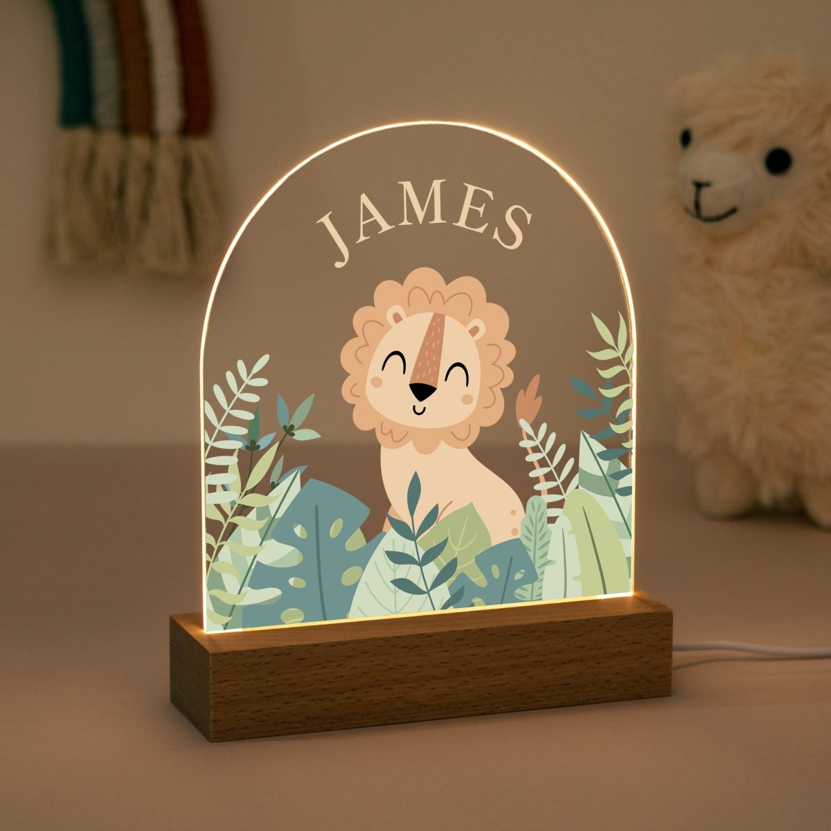Personalised Lion LED Night Light for Baby Boy, Custom Name Nursery Lamp, Jungle Animal Night Light