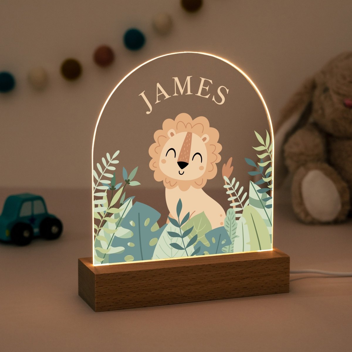 Personalised Lion LED Night Light for Baby Boy, Custom Name Nursery Lamp, Jungle Animal Night Light