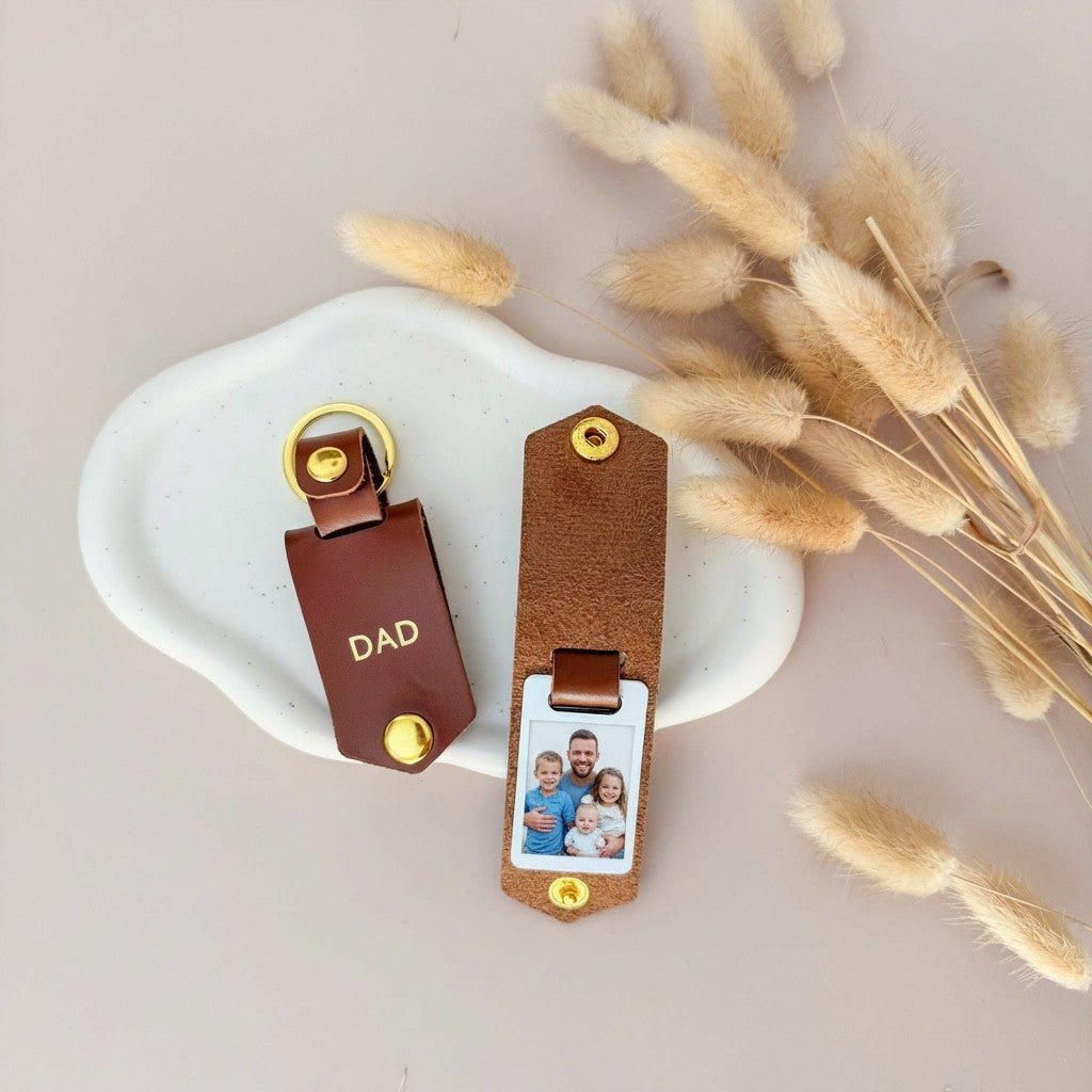 Personalised Photo Keyring for Dad, Father's day Birthday Gift for Him. Brown PU Leather Keychain