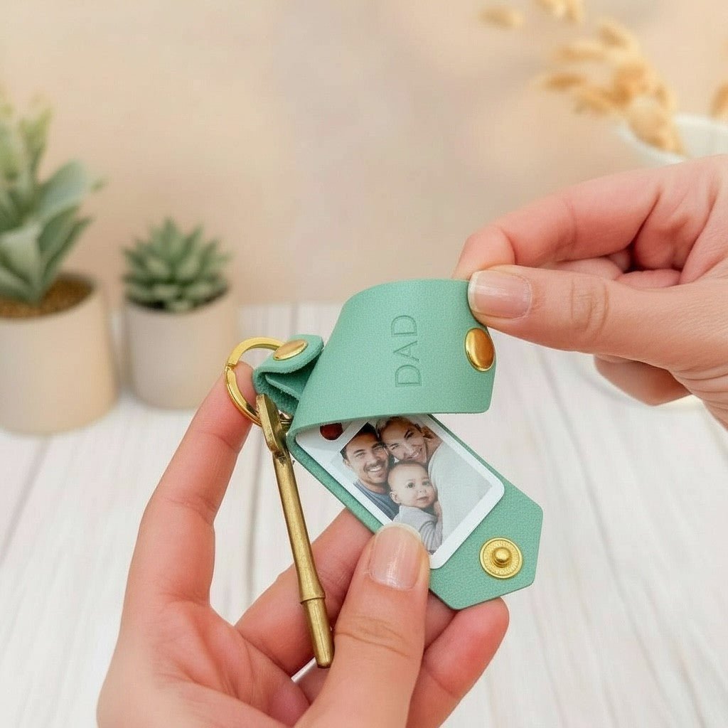 Personalised Photo Keyring for Dad, Father's day Birthday Gift for Him. Brown PU Leather Keychain