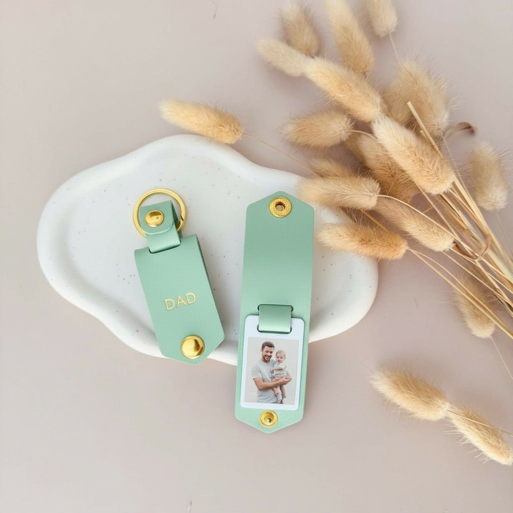 Personalised Photo Keyring for Dad, Father's day Birthday Gift for Him. Brown PU Leather Keychain