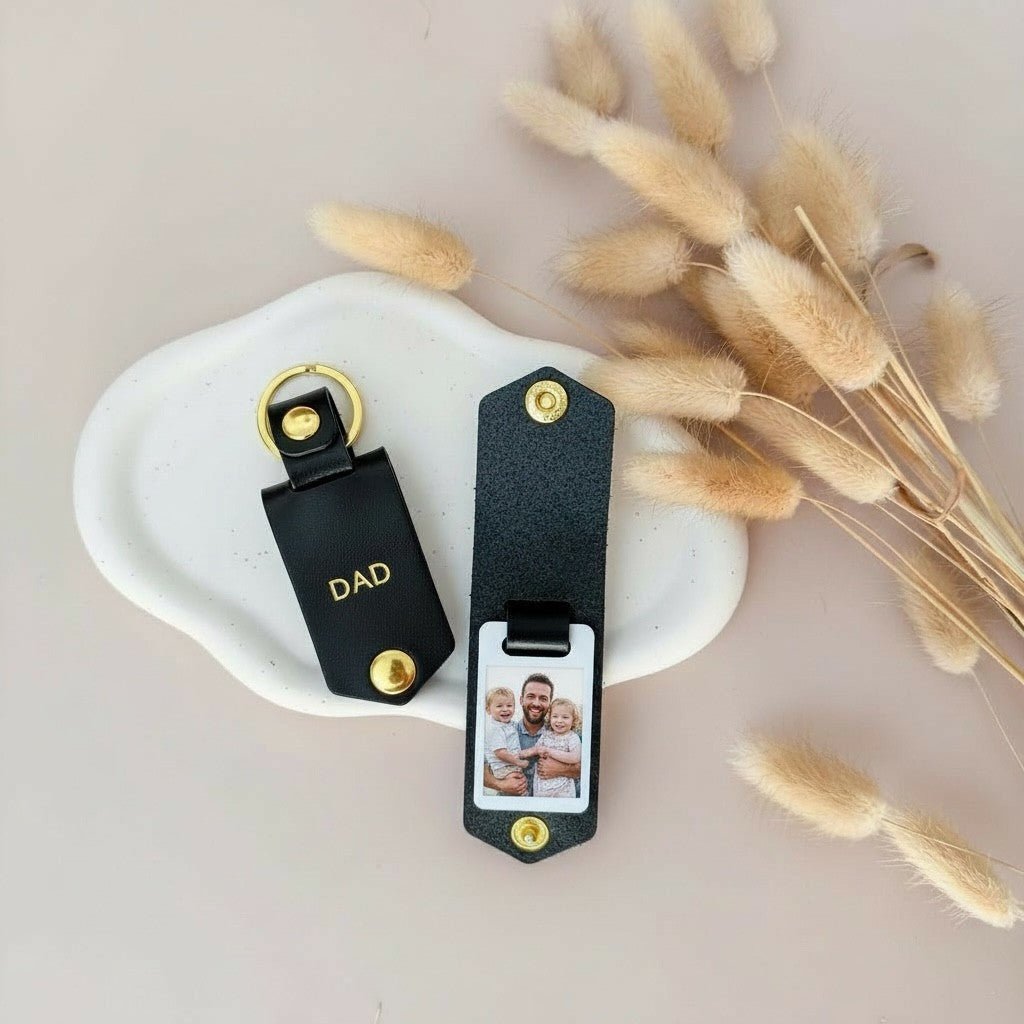 Personalised Photo Keyring for Dad, Father's day Birthday Gift for Him. Brown PU Leather Keychain