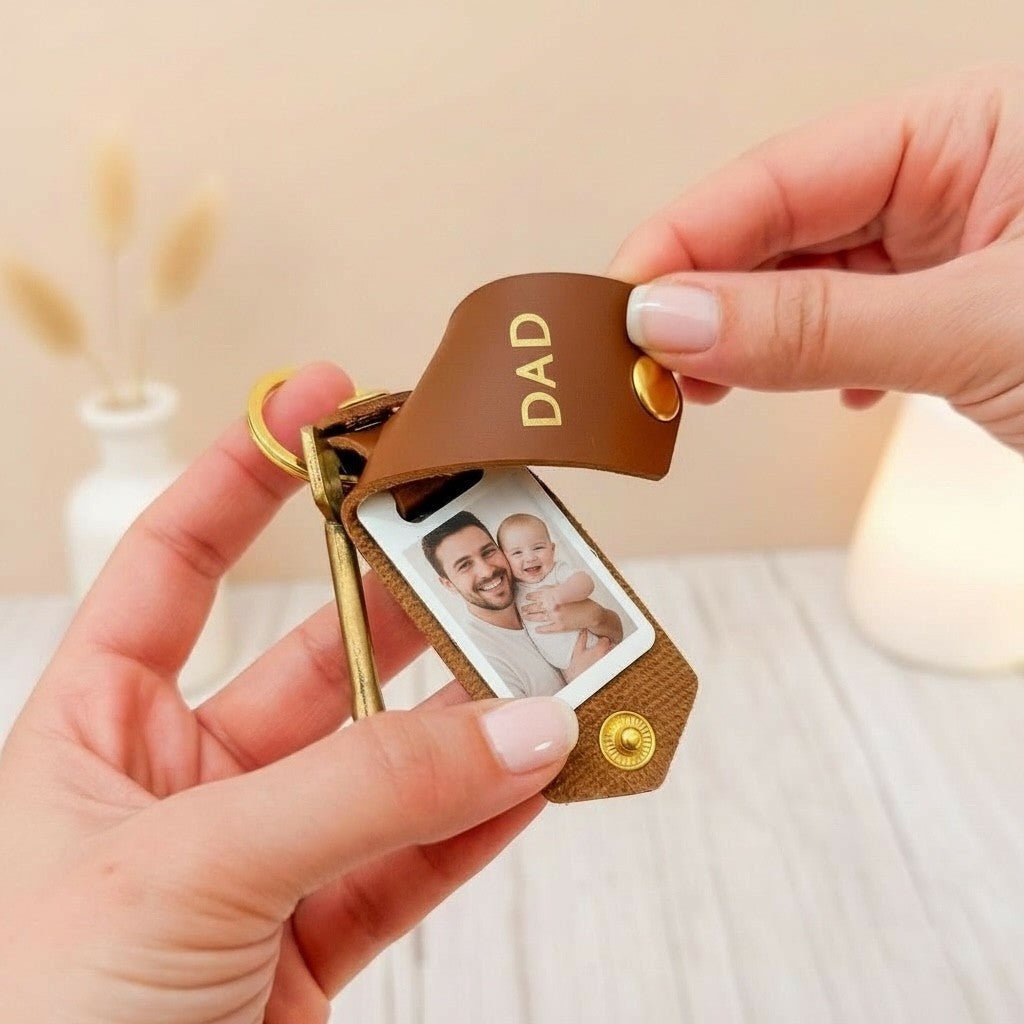 Personalised Photo Keyring for Dad, Father's day Birthday Gift for Him. Brown PU Leather Keychain