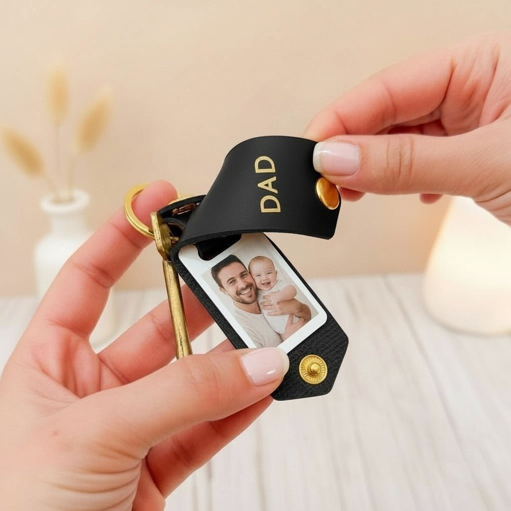 Personalised Photo Keyring for Dad, Father's day Birthday Gift for Him. Brown PU Leather Keychain