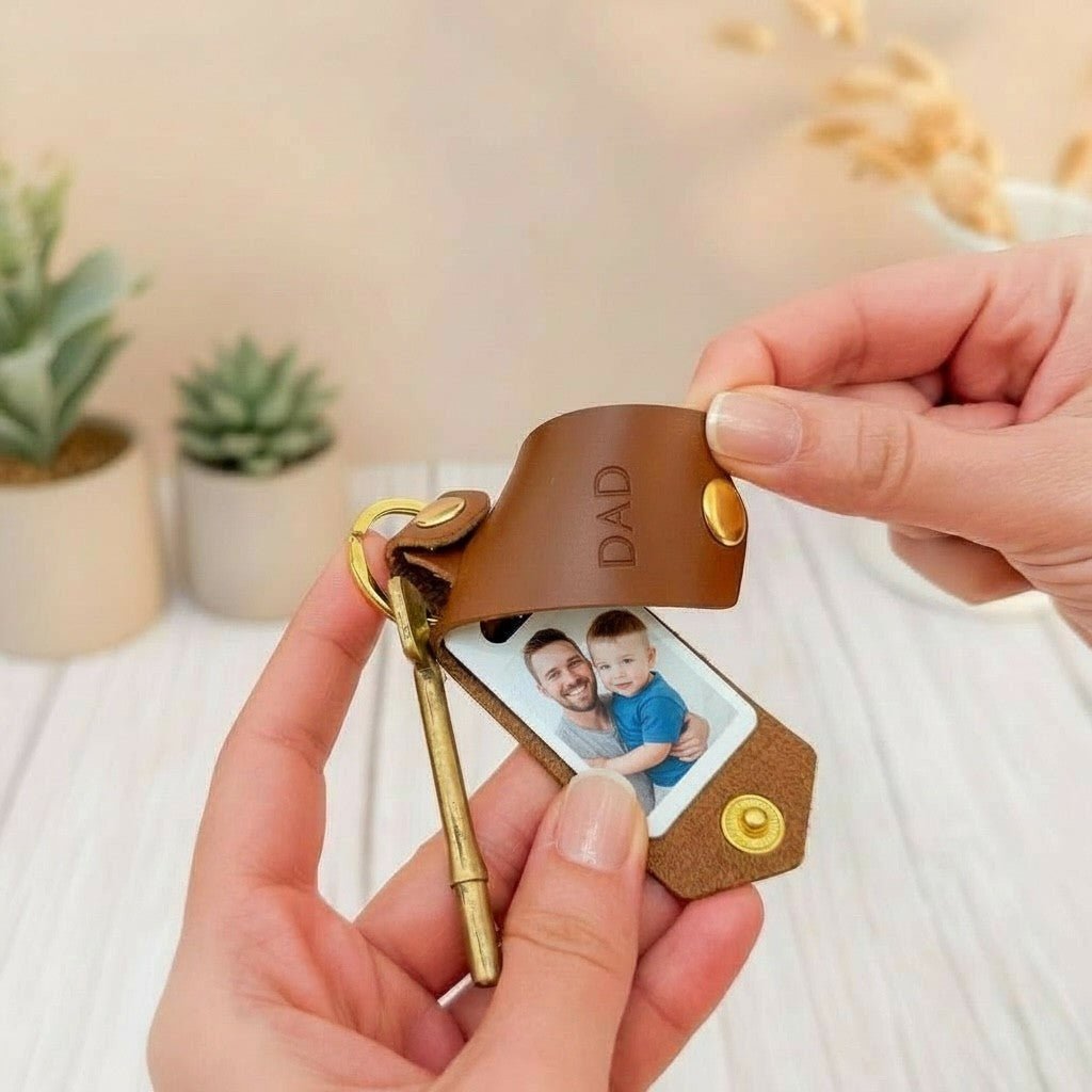 Personalised Photo Keyring for Dad, Father's day Birthday Gift for Him. Brown PU Leather Keychain