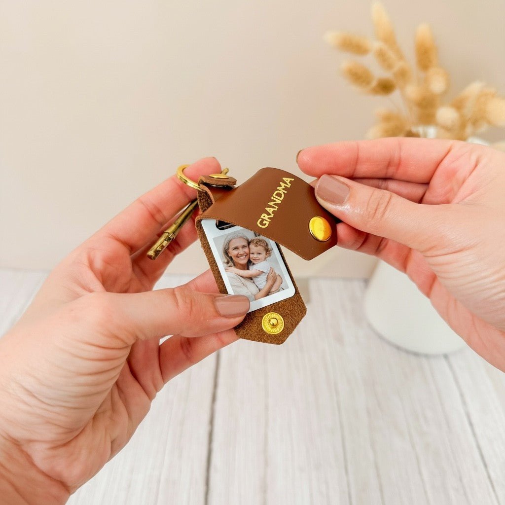 Personalised Photo Keyring for Grandma, Mother's day Birthday Christmas Gift for Her. PU Leather Keychain