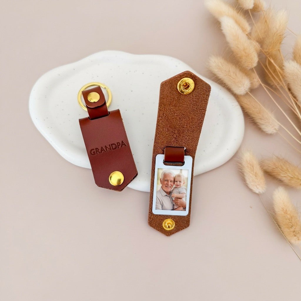 Personalised Photo Keyring for Grandpa, Father's day Birthday Christmas Gift for Him. PU Leather Keychain