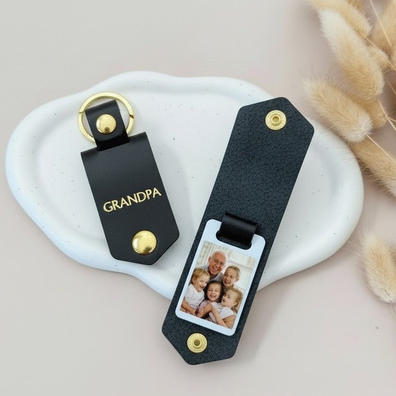 Personalised Photo Keyring for Grandpa, Father's day Birthday Christmas Gift for Him. PU Leather Keychain