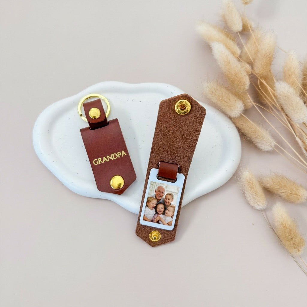 Personalised Photo Keyring for Grandpa, Father's day Birthday Christmas Gift for Him. PU Leather Keychain
