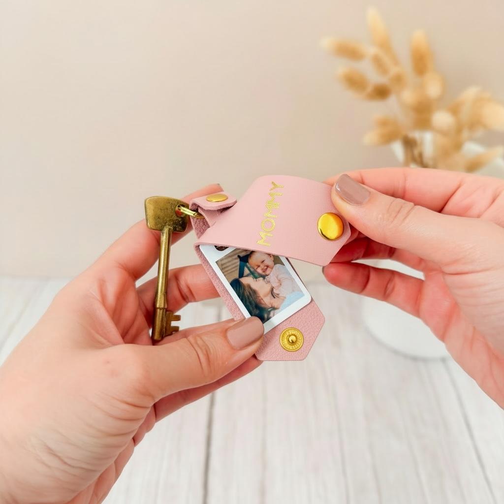 Personalised Photo Keyring for Mommy, Mother's day Birthday Gift for Her. Pink PU Leather Keychain