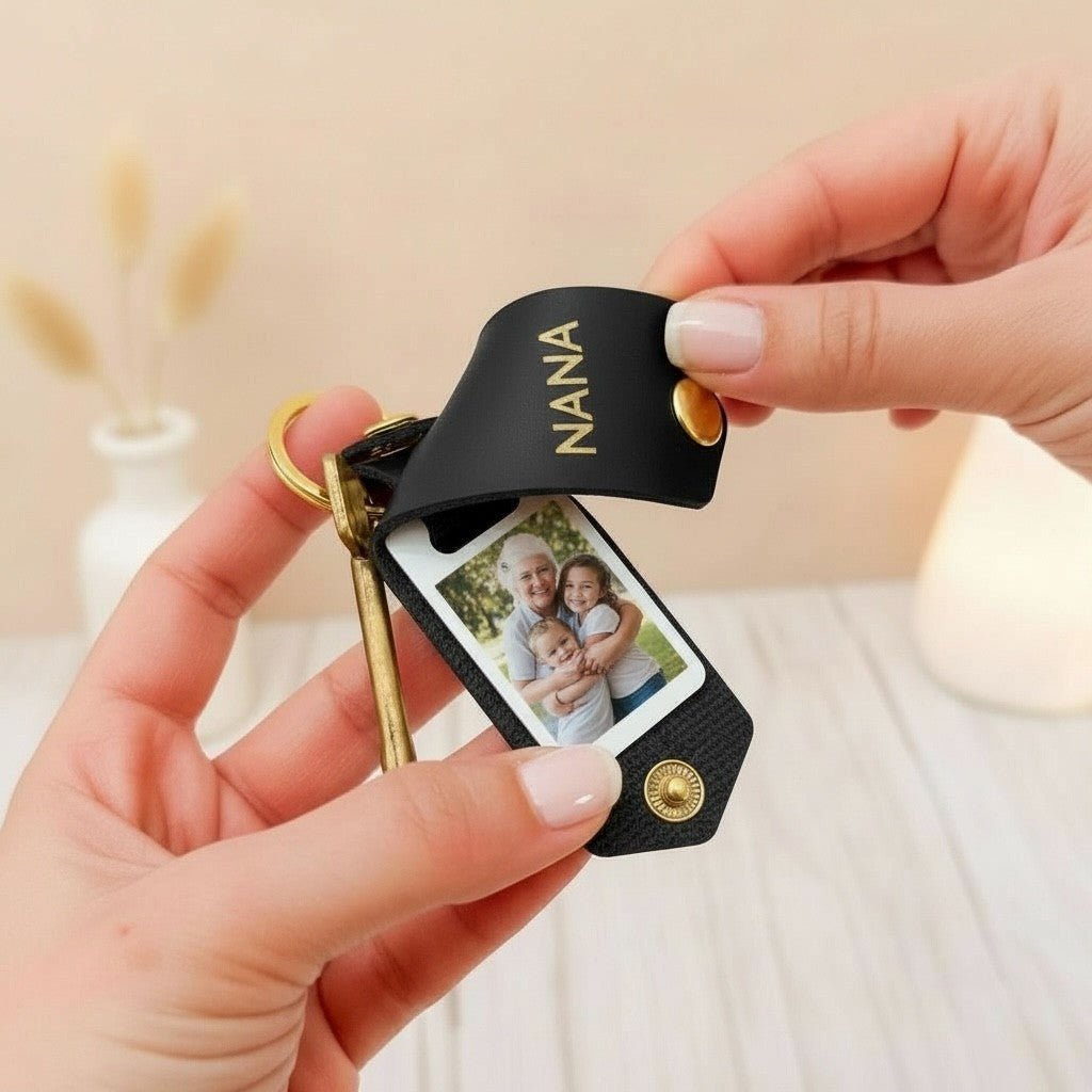 Personalised Photo Keyring for Nana, Mother's day Birthday Christmas Gift for Her. PU Leather Keychain