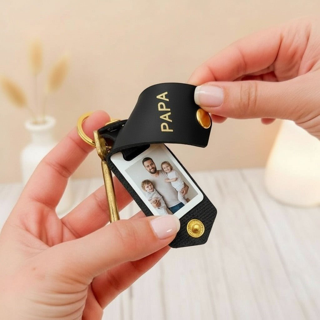 Personalised Photo Keyring for Papa, Father's day Birthday Christmas Gift for Him. PU Leather Keychain
