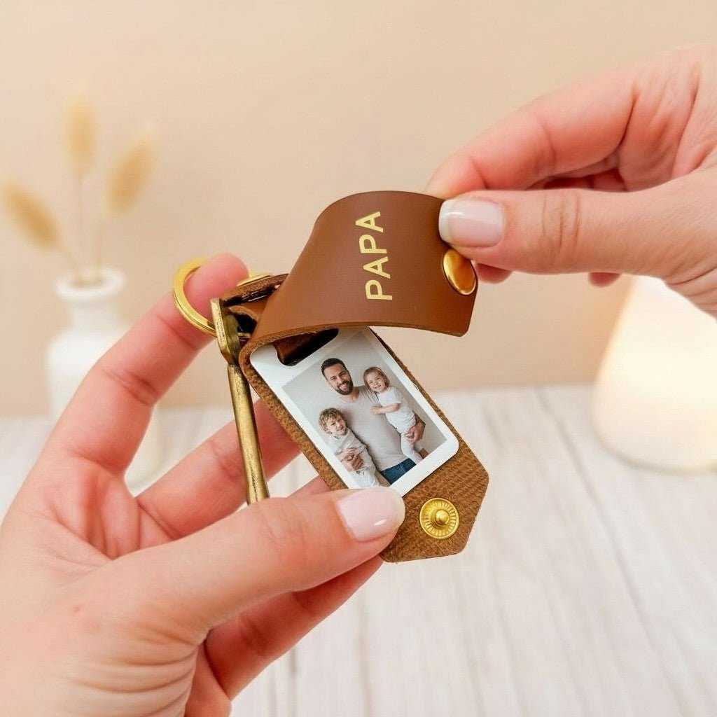 Personalised Photo Keyring for Papa, Father's day Birthday Christmas Gift for Him. PU Leather Keychain