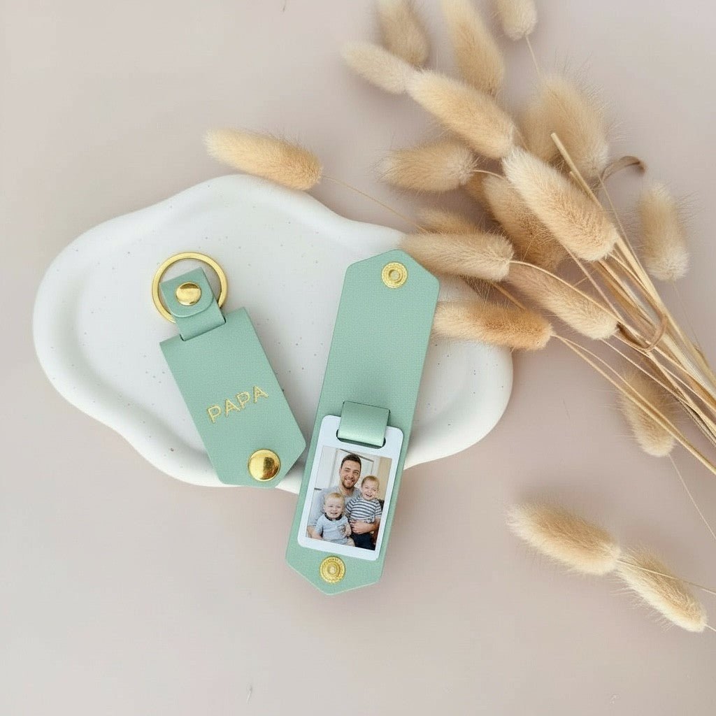Personalised Photo Keyring for Papa, Father's day Birthday Christmas Gift for Him. PU Leather Keychain