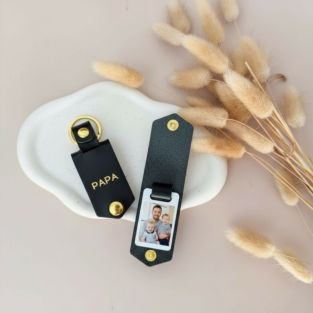 Personalised Photo Keyring for Papa, Father's day Birthday Christmas Gift for Him. PU Leather Keychain