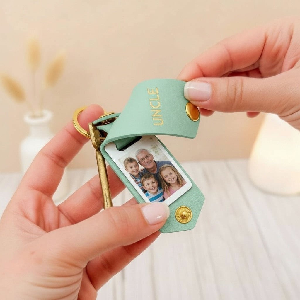 Personalised Photo Keyring for Uncle, Father's day Birthday Christmas Gift for Him. PU Leather Keychain
