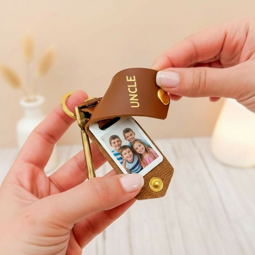 Personalised Photo Keyring for Uncle, Father's day Birthday Christmas Gift for Him. PU Leather Keychain