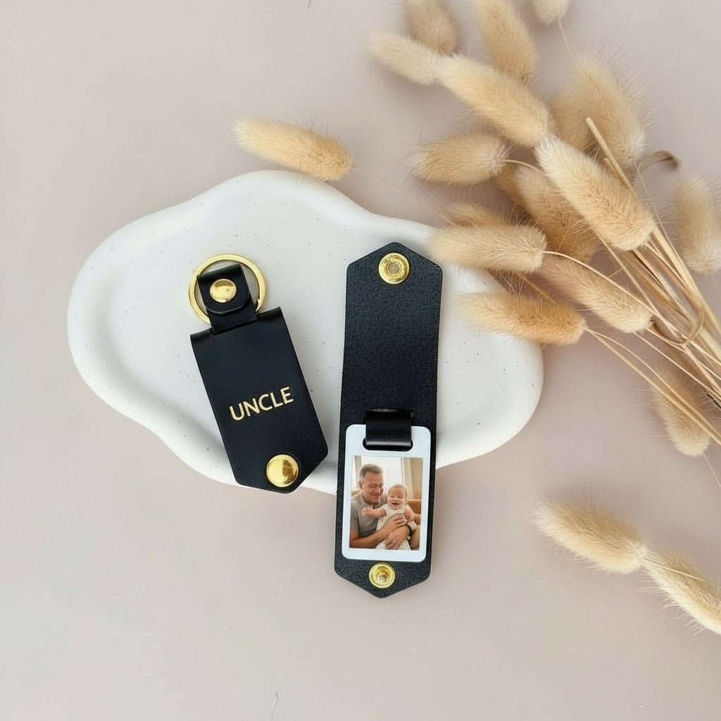 Personalised Photo Keyring for Uncle, Father's day Birthday Christmas Gift for Him. PU Leather Keychain