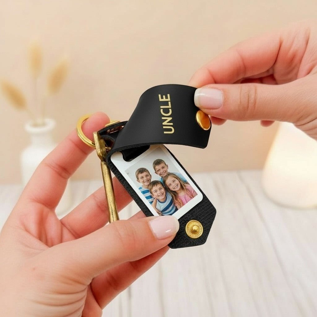 Personalised Photo Keyring for Uncle, Father's day Birthday Christmas Gift for Him. PU Leather Keychain