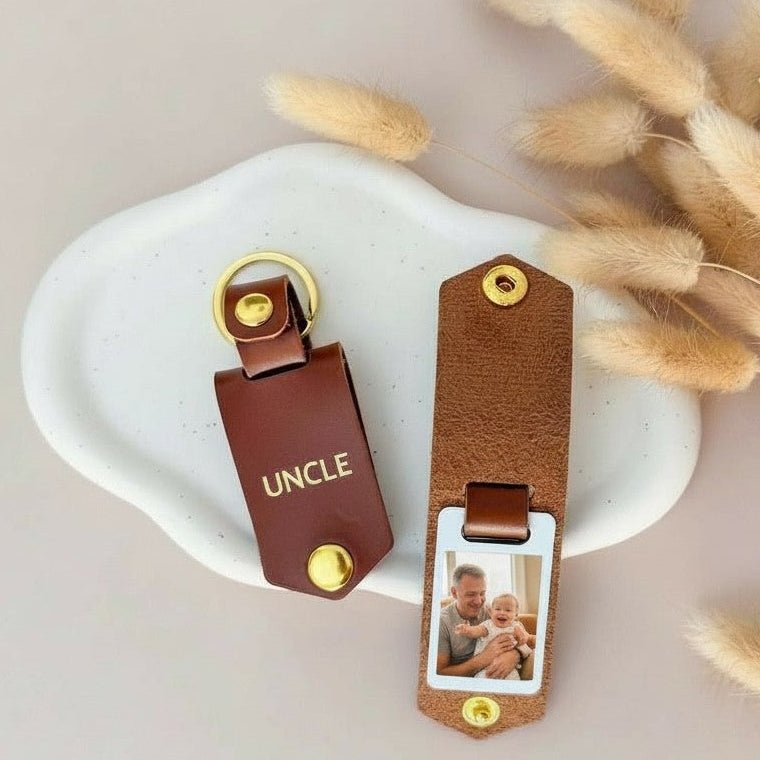 Personalised Photo Keyring for Uncle, Father's day Birthday Christmas Gift for Him. PU Leather Keychain