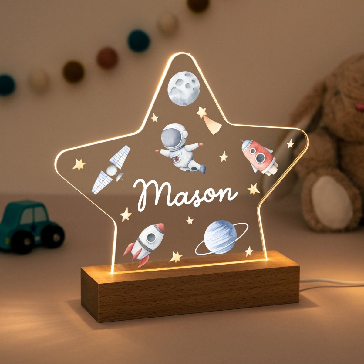 Personalised Space Star LED Night Light, Custom Name Nursery Lamp, Astronaut Rocket for Baby Boy
