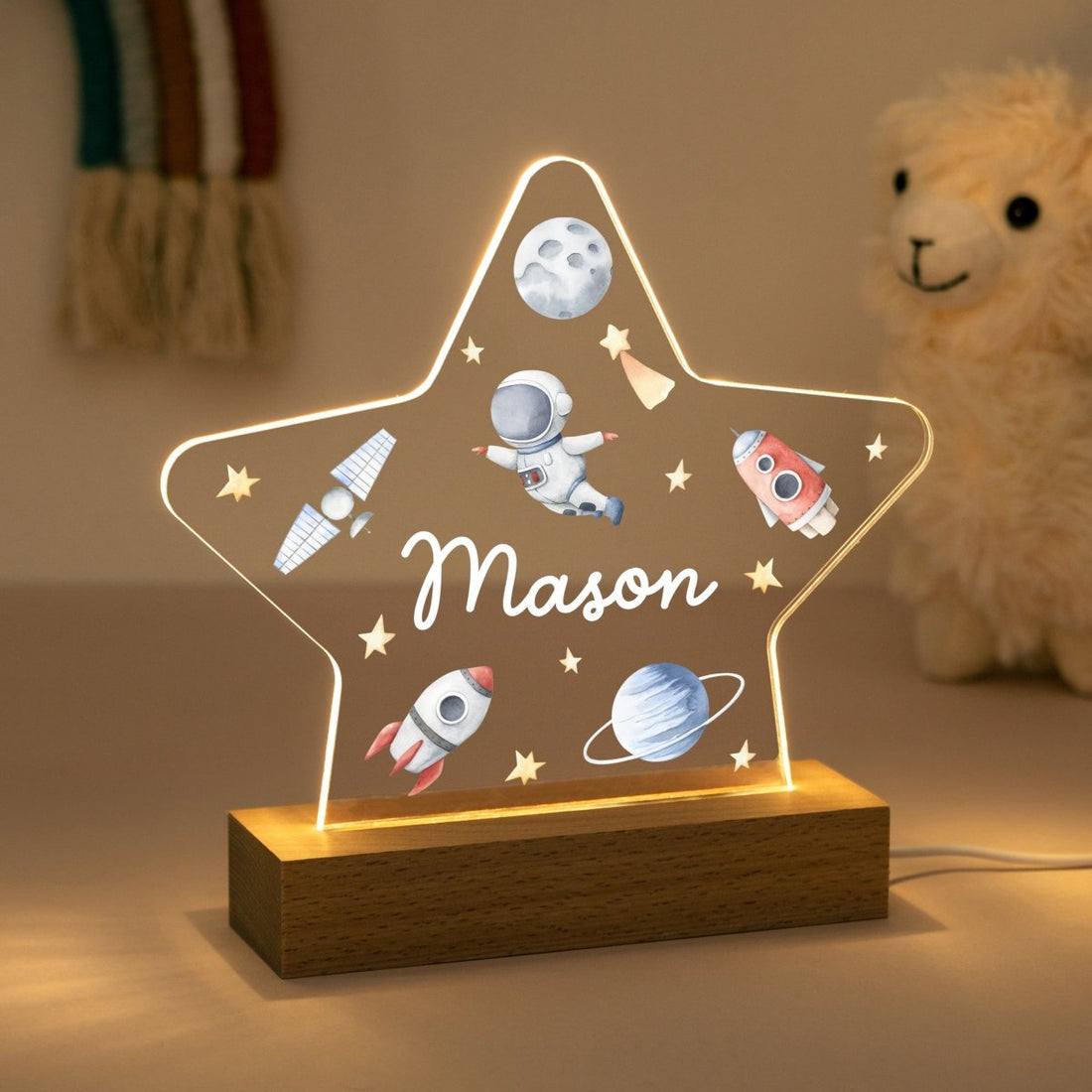 Personalised Space Star LED Night Light, Custom Name Nursery Lamp, Astronaut Rocket for Baby Boy