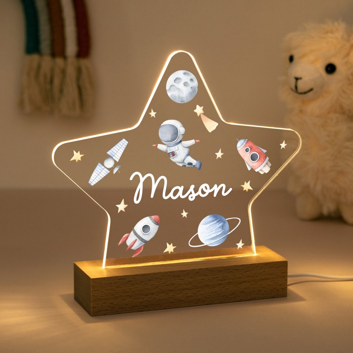 Personalised Space Star LED Night Light, Custom Name Nursery Lamp, Astronaut Rocket for Baby Boy