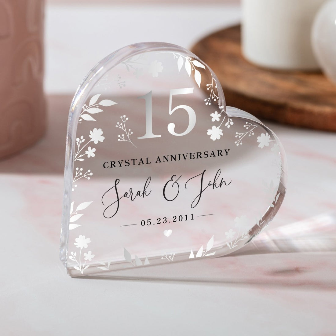 Personalized 15th Anniversary Keepsake, Gift for Couple, Custom Heart Acrylic Plaque with Names & Date