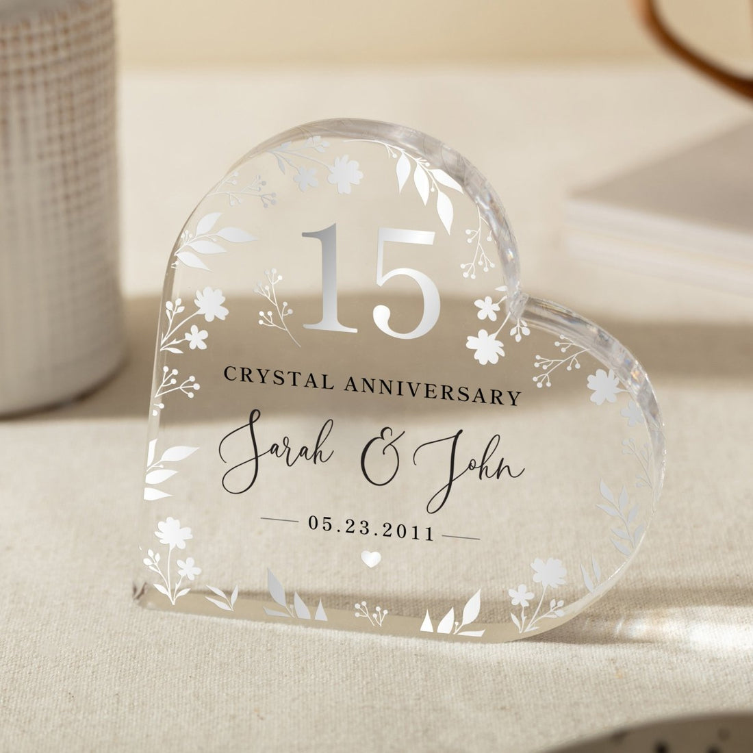 Personalized 15th Anniversary Keepsake, Gift for Couple, Custom Heart Acrylic Plaque with Names & Date
