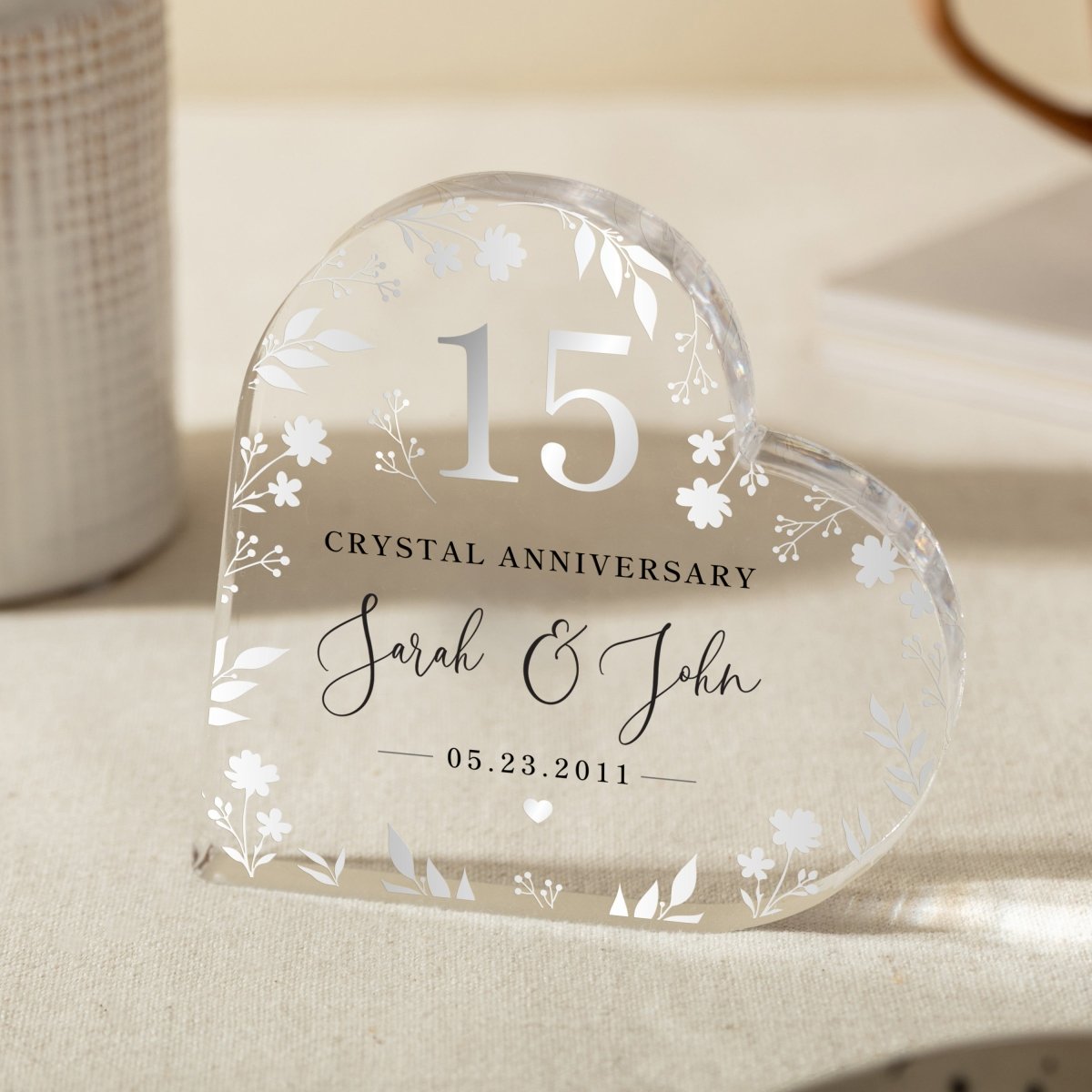 Personalized 15th Anniversary Keepsake, Gift for Couple, Custom Heart Acrylic Plaque with Names & Date