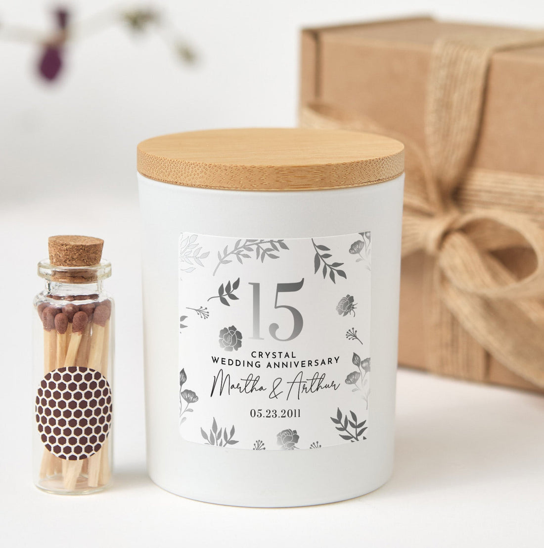 Personalized 15th Crystal Wedding Anniversary Candle | Custom Couple Gift with Gift Box & Matches | Crystal Anniversary Keepsake