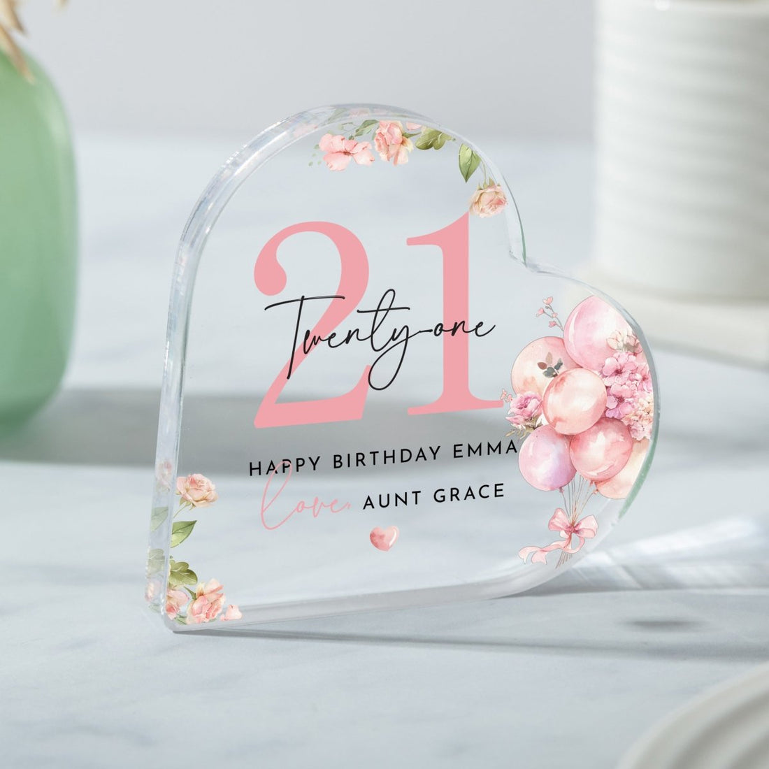 Personalized 21st Floral Birthday Keepsake, Heart Acrylic Plaque Gift with Name and Message forHer