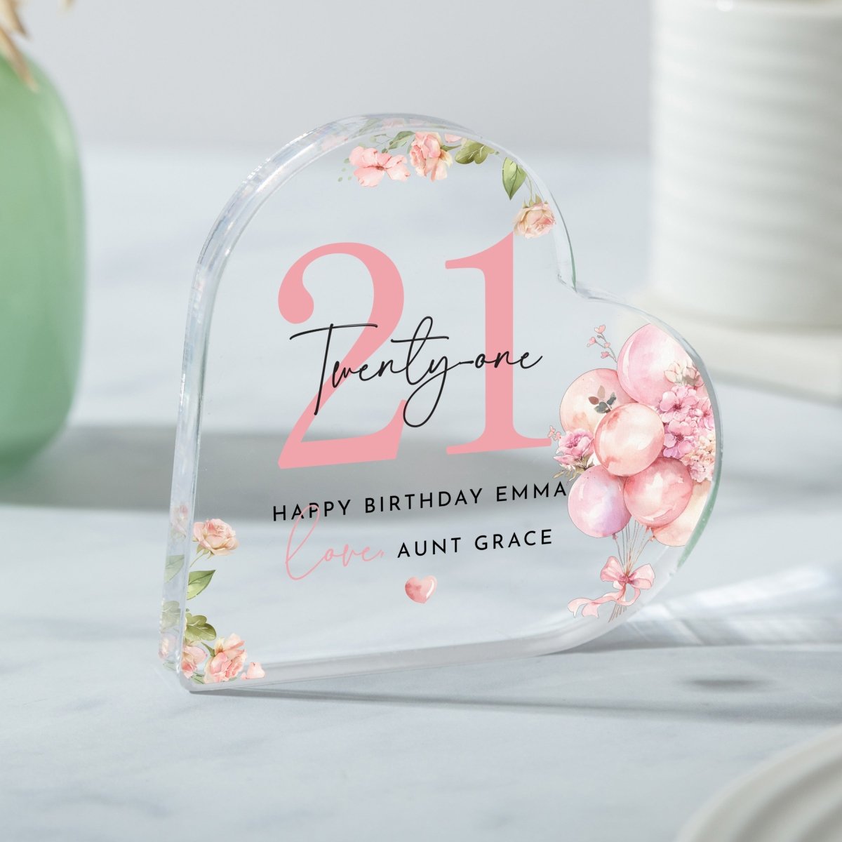 Personalized 21st Floral Birthday Keepsake, Heart Acrylic Plaque Gift with Name and Message forHer