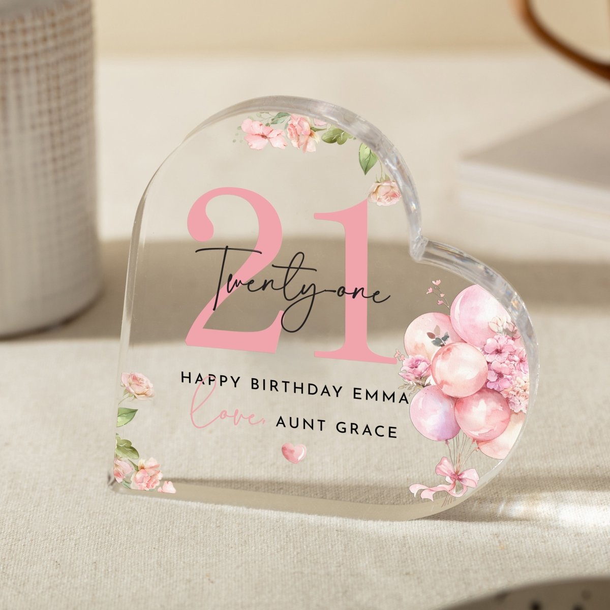 Personalized 21st Floral Birthday Keepsake, Heart Acrylic Plaque Gift with Name and Message forHer