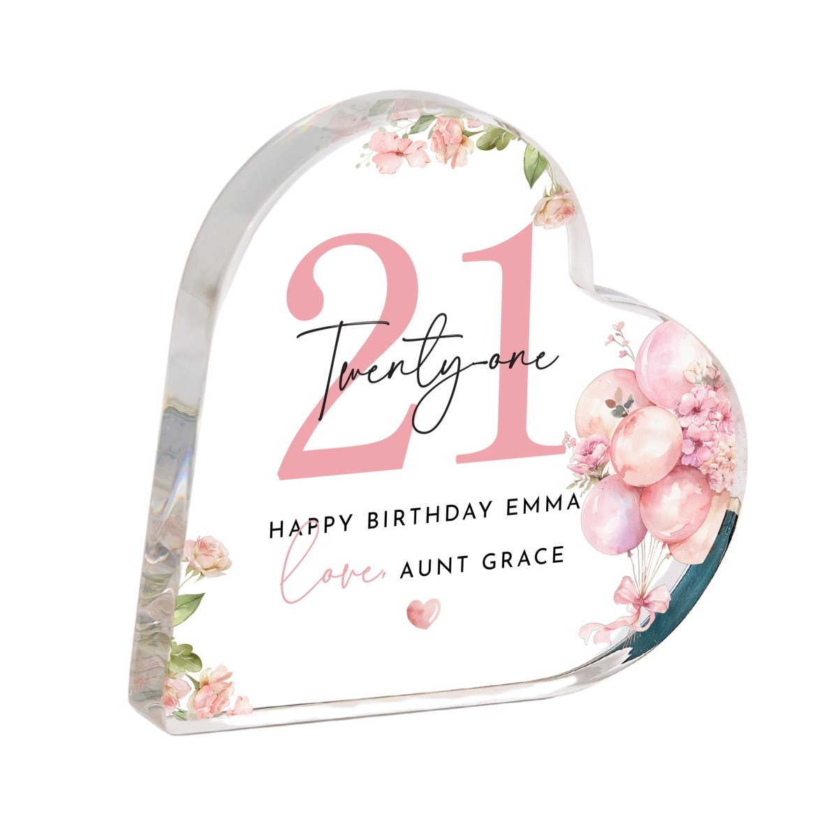 Personalized 21st Floral Birthday Keepsake, Heart Acrylic Plaque Gift with Name and Message forHer